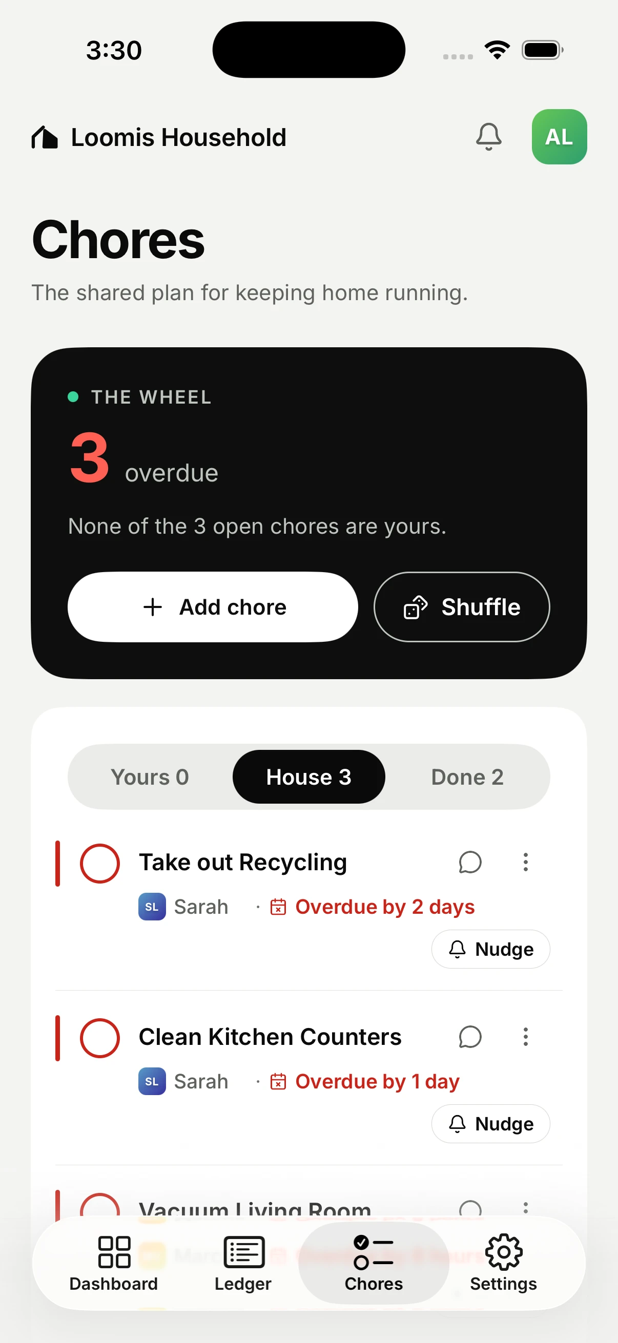 The JustSaying chore wheel: a near-black card reading “3 overdue” and “None of the 3 open chores are yours” with Add chore and Shuffle buttons, then tabs for Yours 0, House 3 and Done 2, and two chore rows. “Take out Recycling” is overdue by two days and “Clean Kitchen Counters” by one, both assigned to Sarah, and each offers a Nudge.
