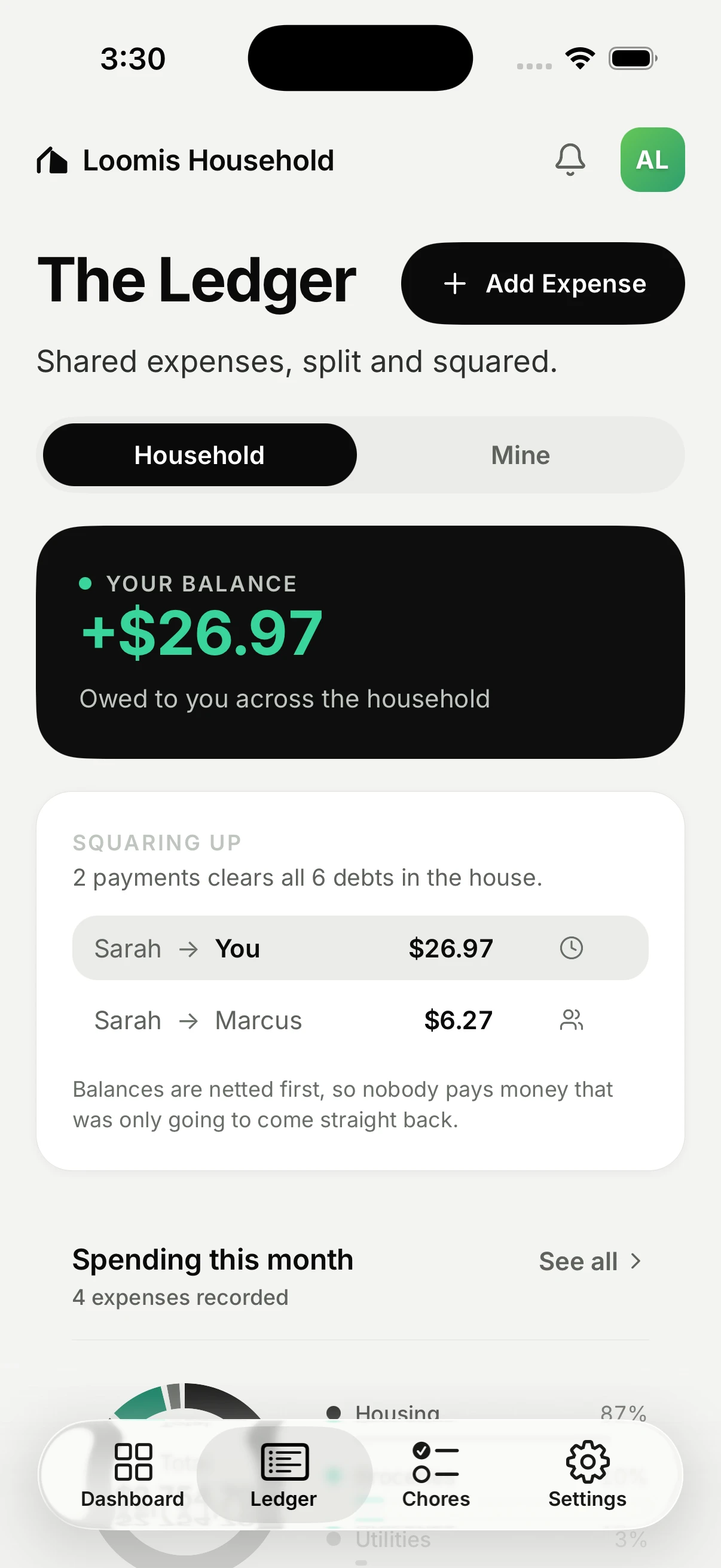 The JustSaying ledger: Household and Mine tabs, a balance of +$26.97 owed to you across the household, and a “Squaring up” card reading “2 payments clears all 6 debts in the house” with a settle row from Sarah to you and one from Sarah to Marcus, over a note that balances are netted first.