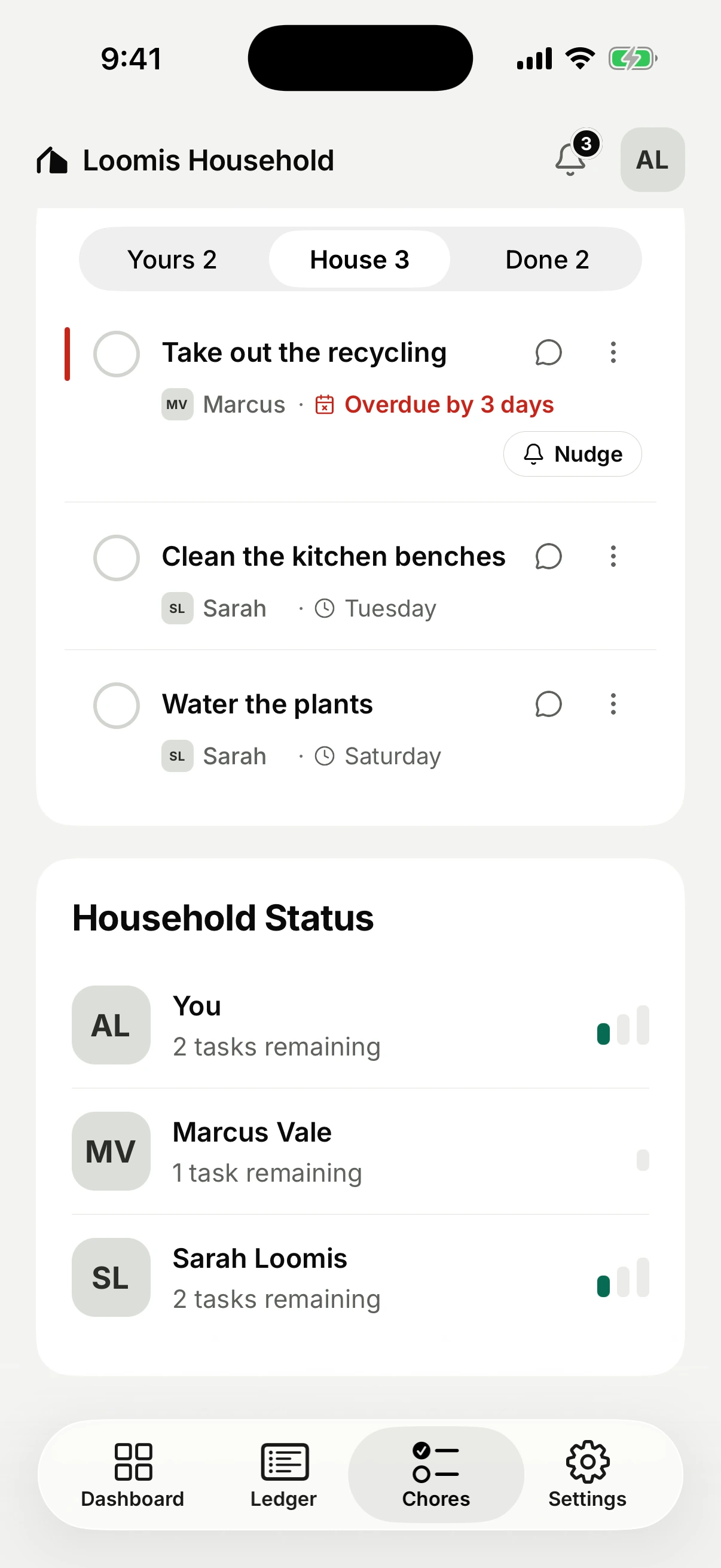 The JustSaying chore list on the House tab (Yours 2, House 3, Done 2). Take out the recycling, Marcus’s, is marked with a red rail and “Overdue by 3 days” beside a Nudge button; Clean the kitchen benches (Sarah, Tuesday) and Water the plants (Sarah, Saturday) follow. Below, Household Status shows how many tasks each flatmate has left.